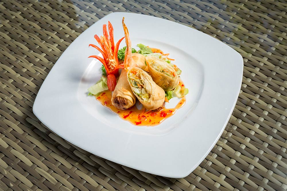 Plated spring rolls with sweet chilli sauce and salad