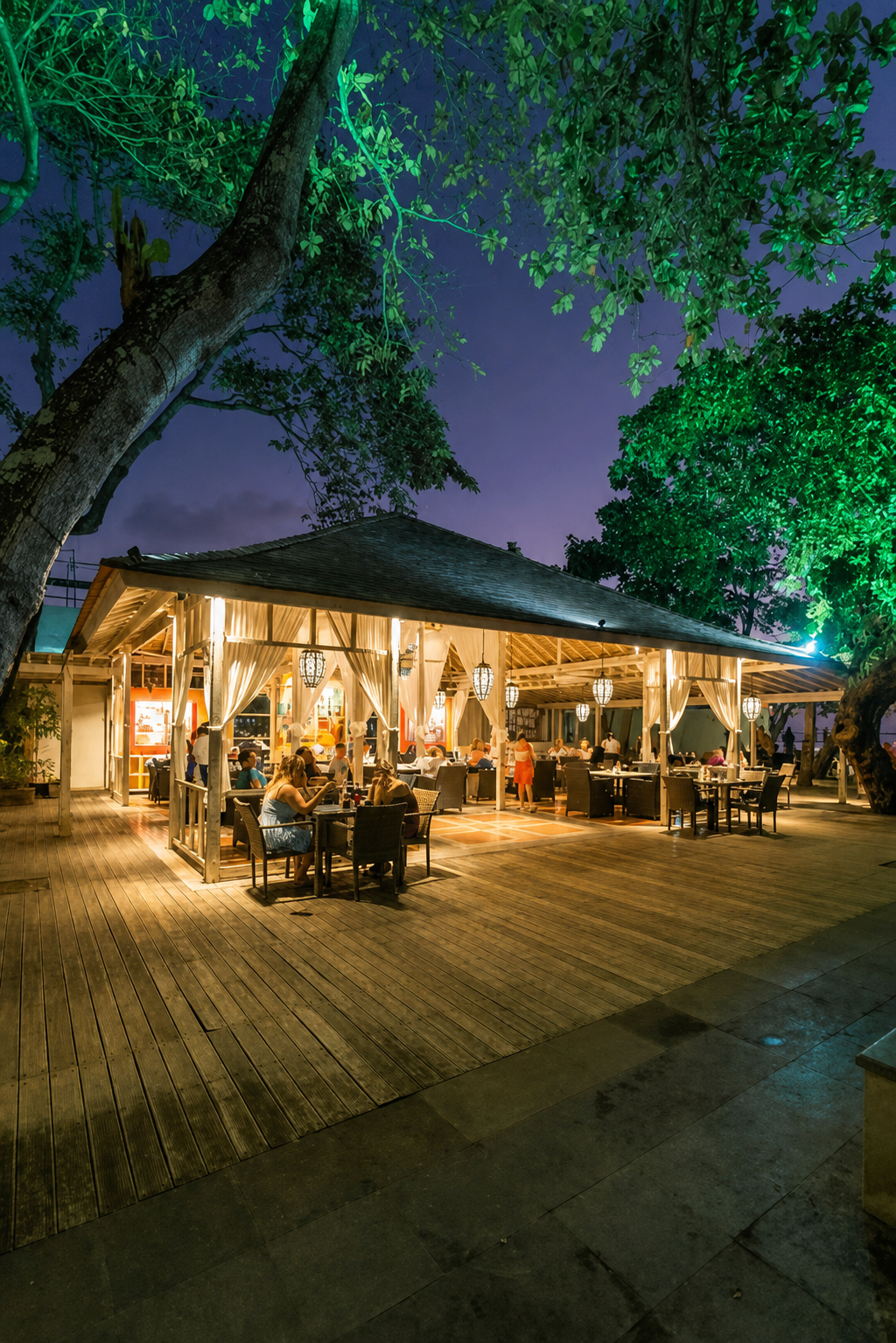 Illuminated Boardwalk dining pavilion at night