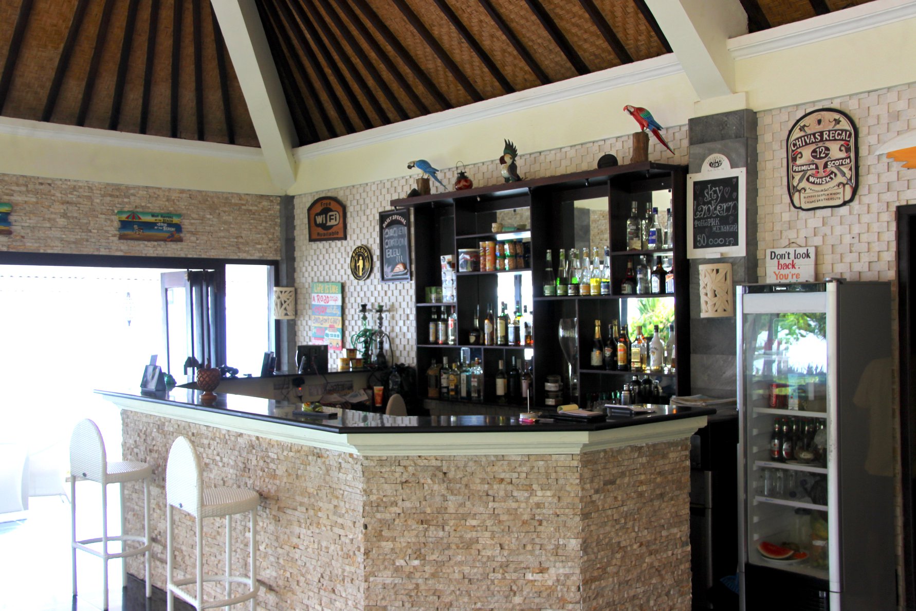 Bondalem Beach Club bar counter with drink bottles