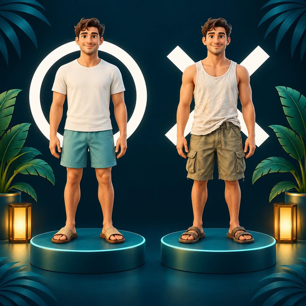 Beach-club casual: men, white circle outfit on the left and white cross outfit on the right