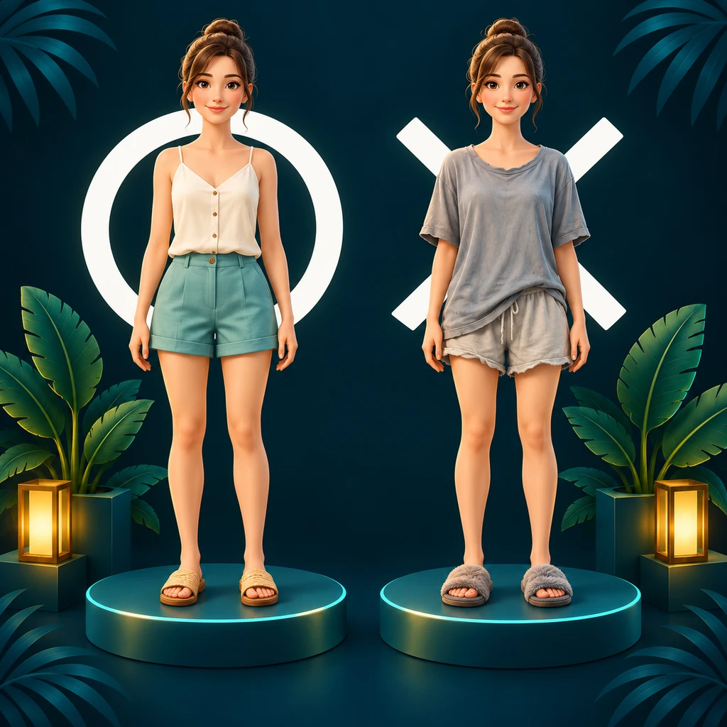 Beach-club casual: women, white circle outfit on the left and white cross outfit on the right
