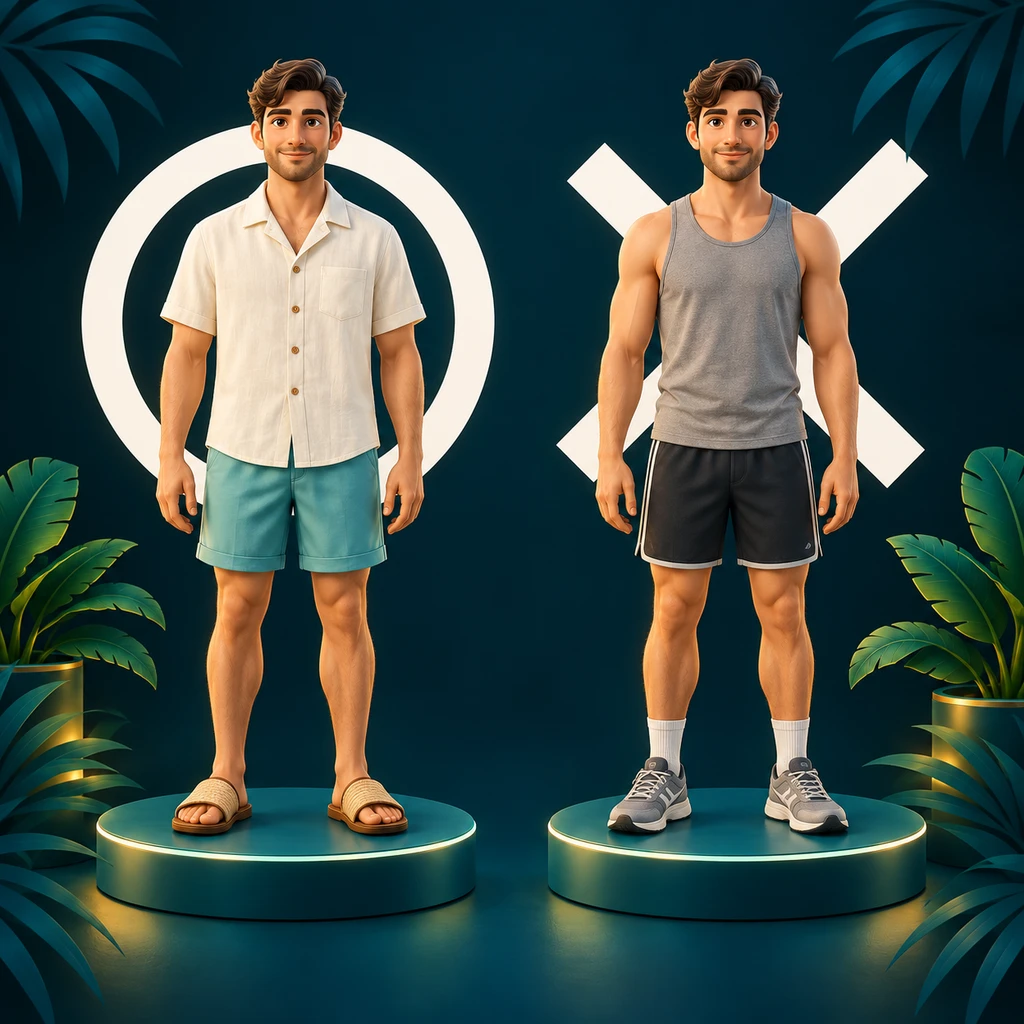 Polished resort casual: men, white circle outfit on the left and white cross outfit on the right