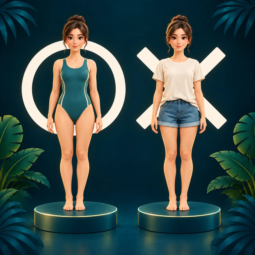 Proper swimwear: women, white circle outfit on the left and white cross outfit on the right