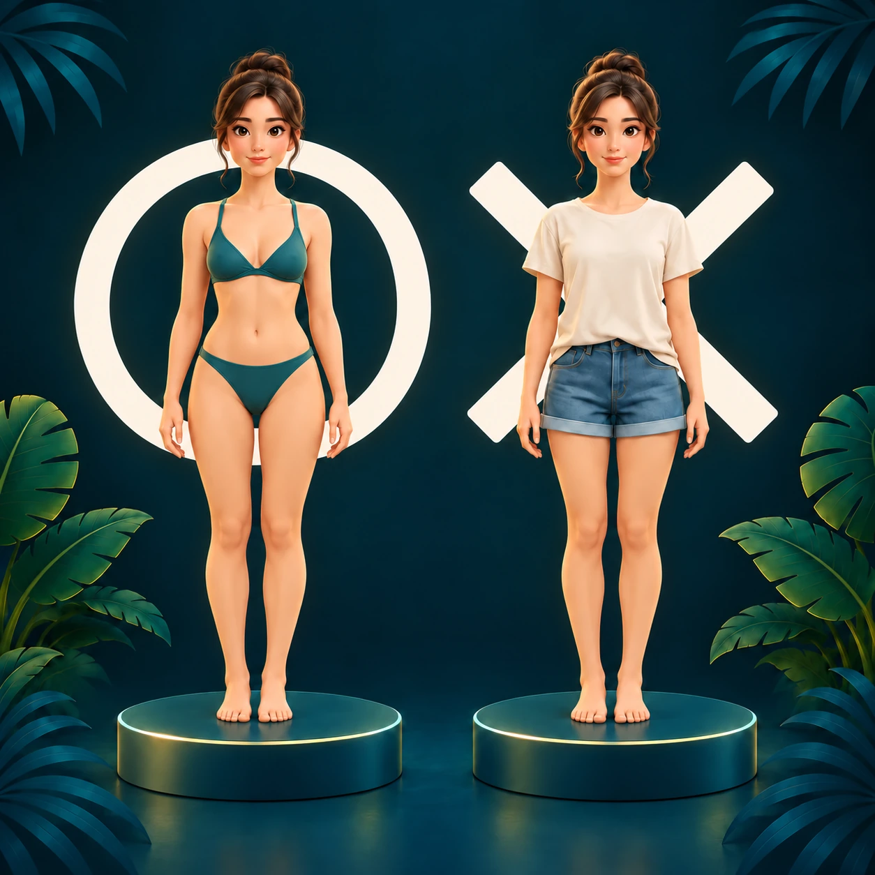 Proper swimwear: women, white circle outfit on the left and white cross outfit on the right