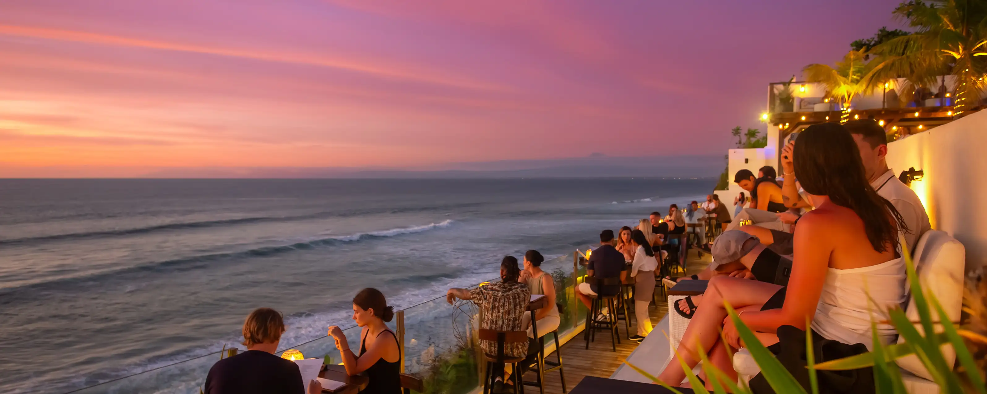 Sunset Theater and ocean view at El Kabron Bali in the evening