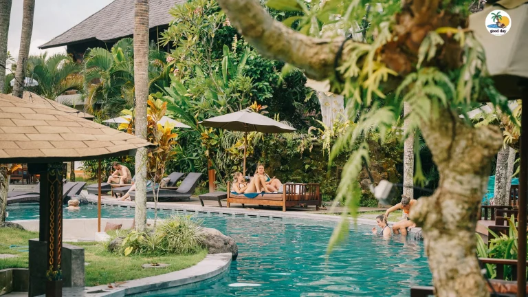 Panorama of the pool and restaurant deck at Good Day Ubud