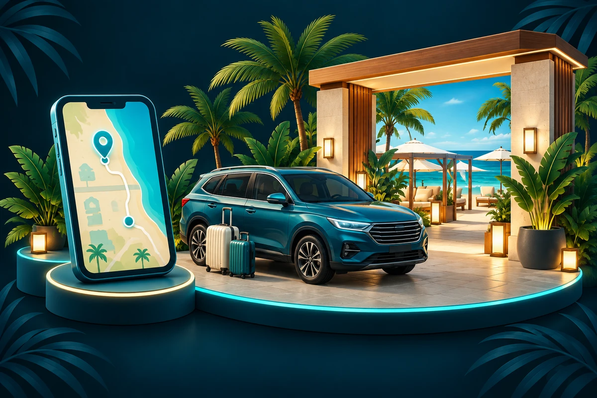 Ilustrasi mobil dan ponsel dengan titik jemput