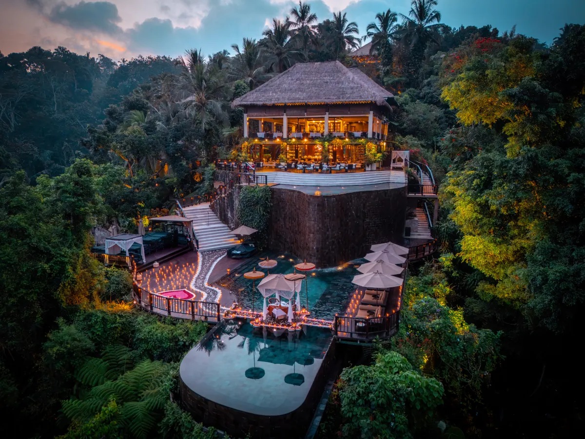 Tiered pools at dusk