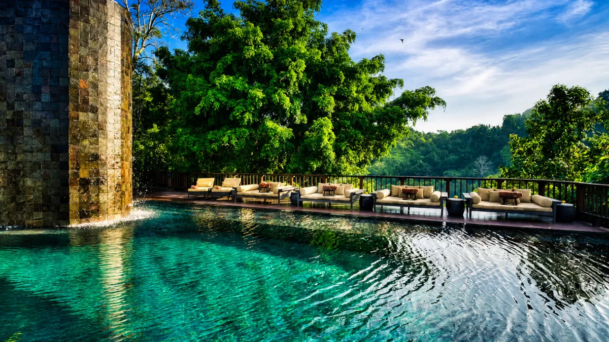 Twin-tier pool and jungle-facing poolside sofas at Hanging Gardens of Bali