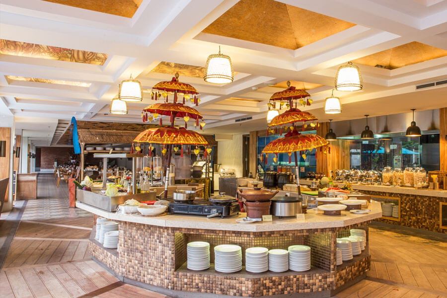 HIU buffet counter, parasol decorations and aquarium