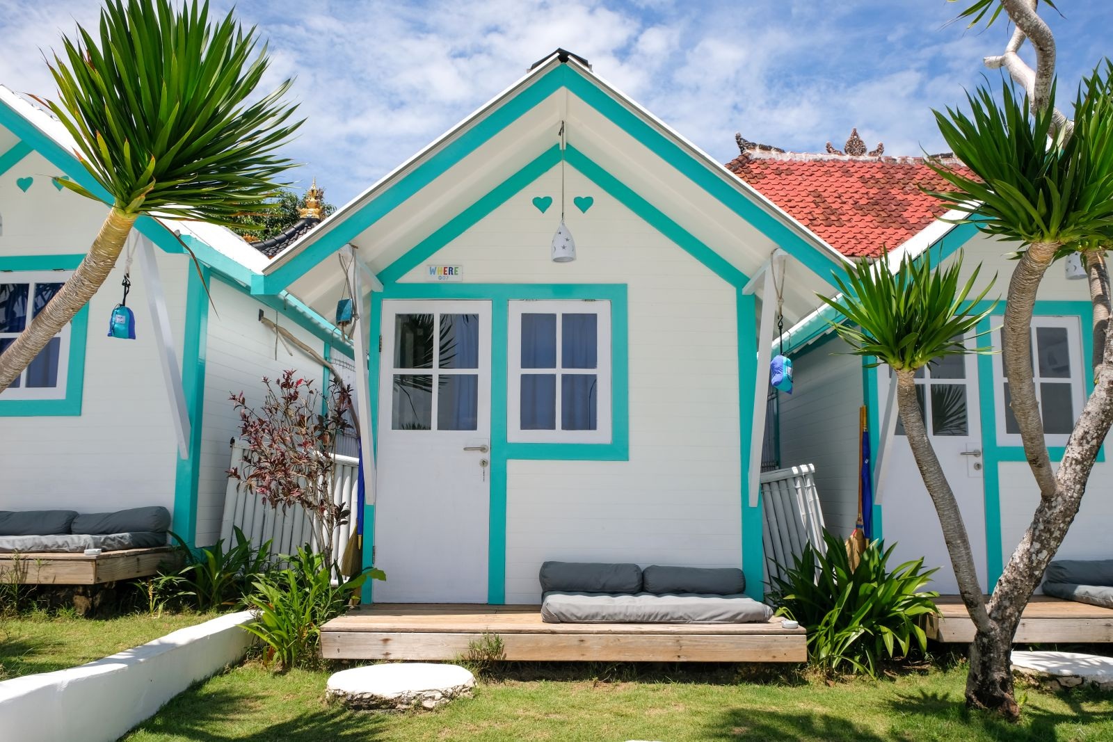 White-and-turquoise cottages