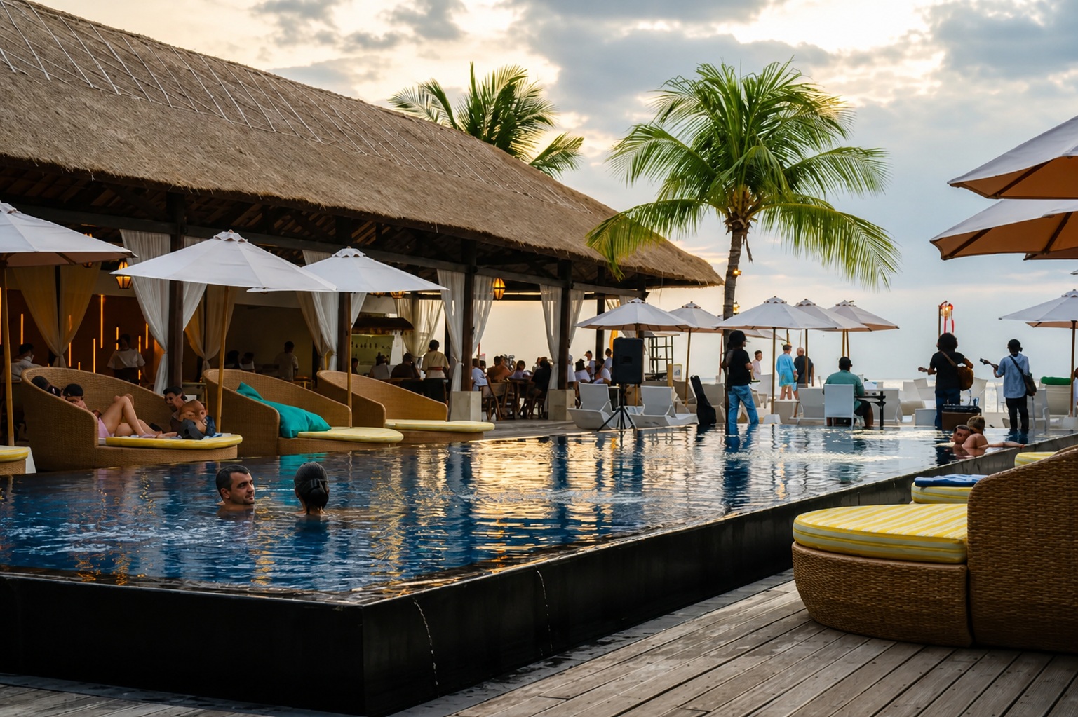 Pool and beachfront pavilion at sunset at Lembongan Beach Club & Resort