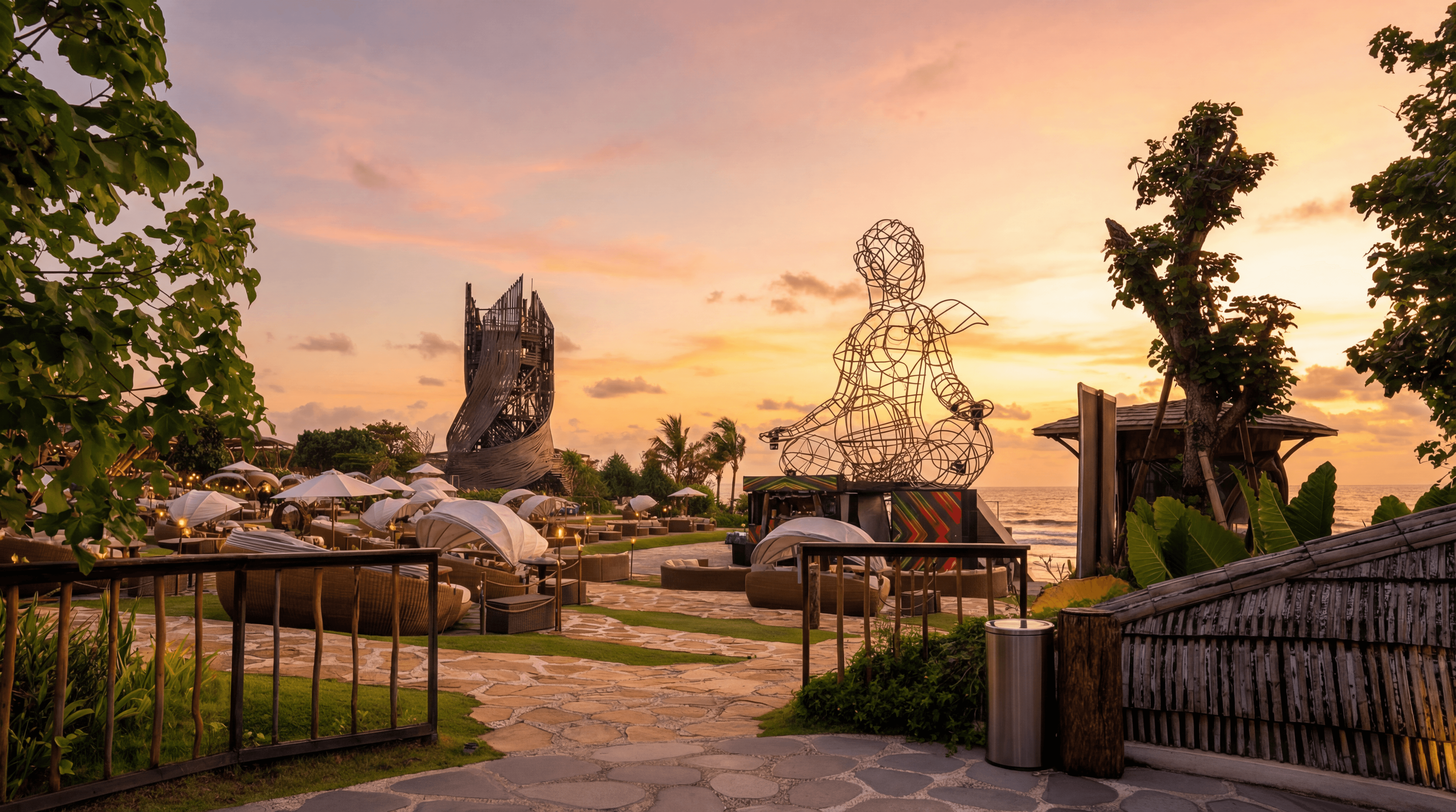 Luna Beach Club — Venue art against the evening sky