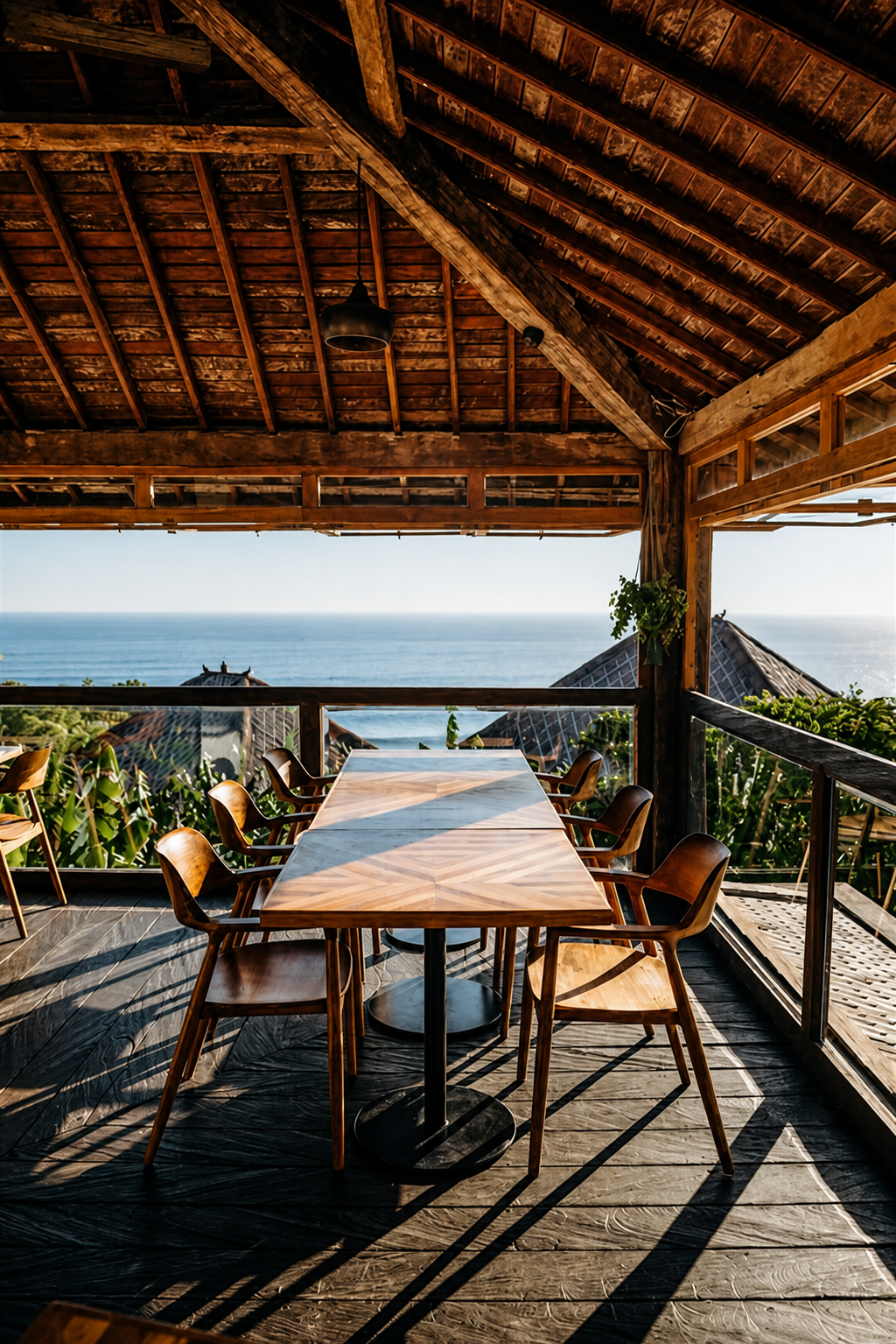 Deck bersantap open-air Mana Uluwatu dengan pemandangan laut