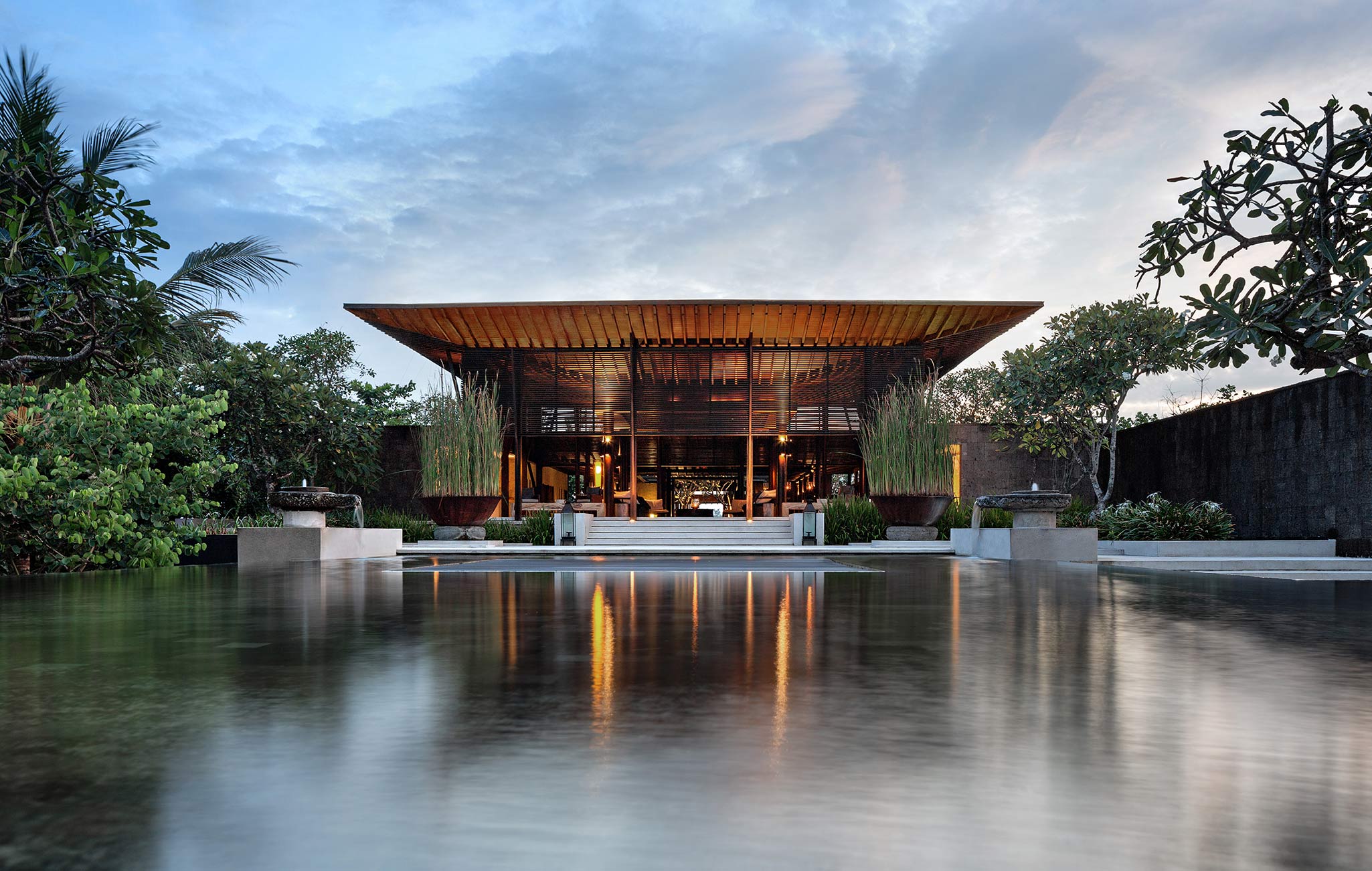 Soori Bali arrival pavilion and reflective water feature