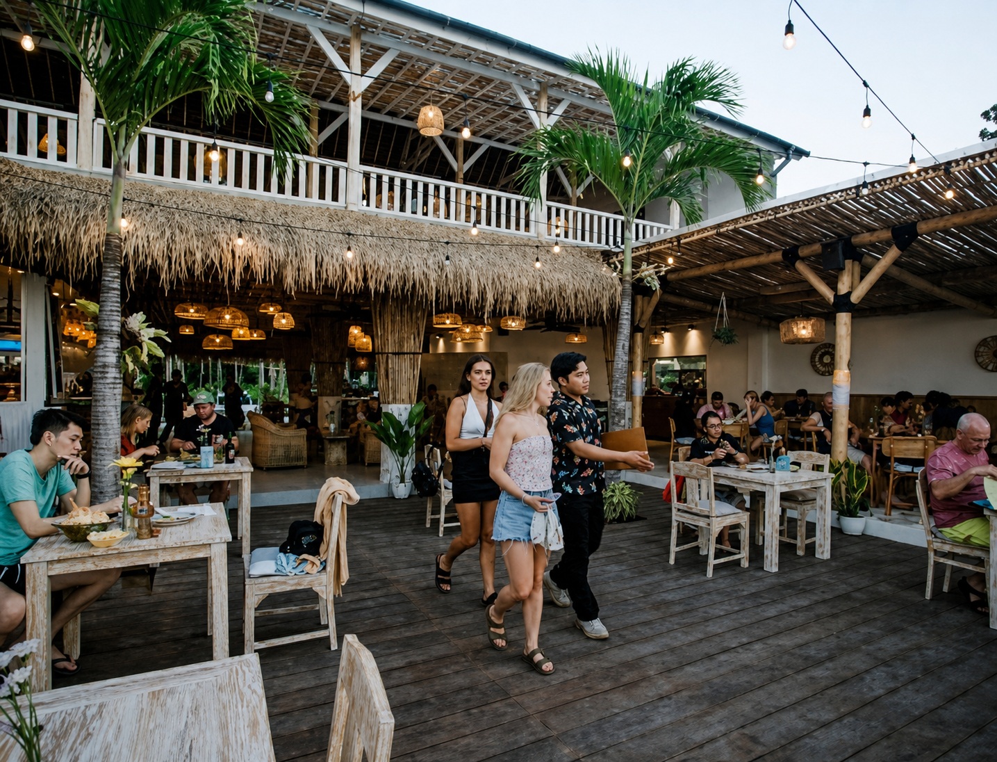Restoran terbuka dan deck kayu di Penida Colada