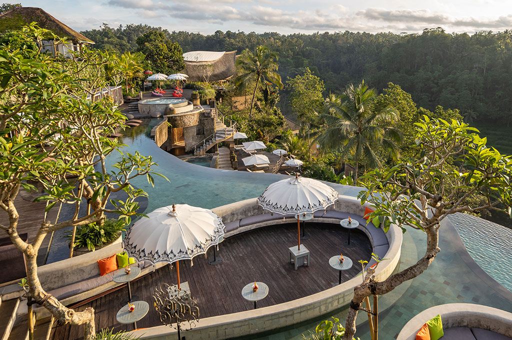 Three-level pools and circular seating at Wanna Jungle Pool & Bar