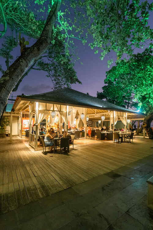 Illuminated Boardwalk dining pavilion at night