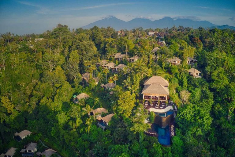 Twin-tier infinity pool and villas in the jungle at Hanging Gardens of Bali
