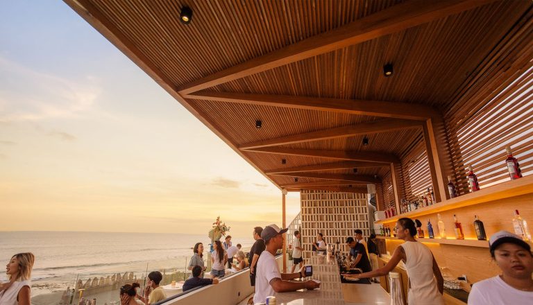 Ocean-facing rooftop bar at Hippie Fish Pererenan