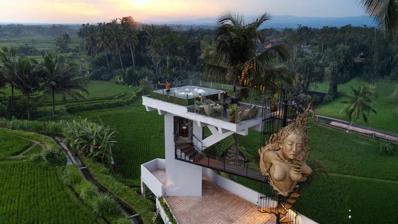 Cretya Sunset jacuzzi tower and rice fields at sunset