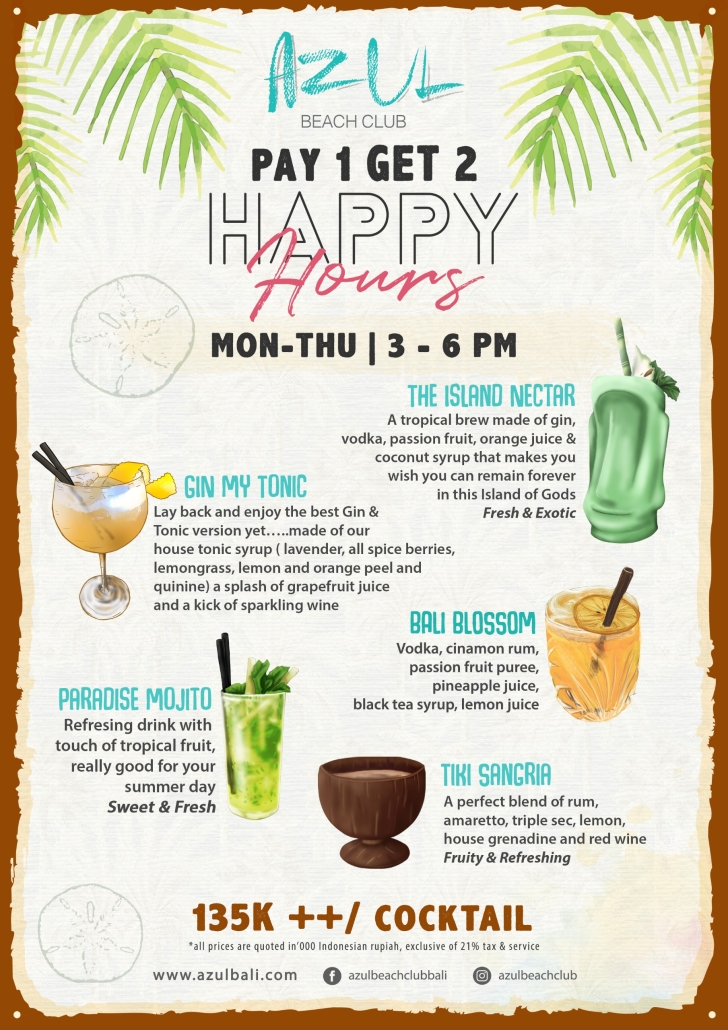 月〜木15:00〜18:00は対象カクテルPay 1 Get 2。夕方前のプール利用にも合わせやすい