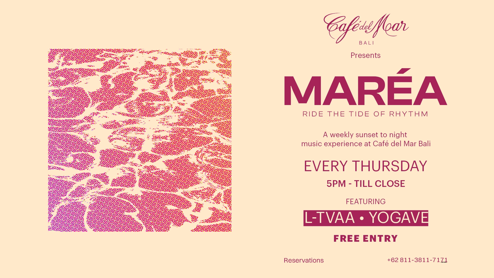 Marea setiap Kamis mulai 17:00 dengan free entry. Cocok untuk musik dari sunset sampai malam