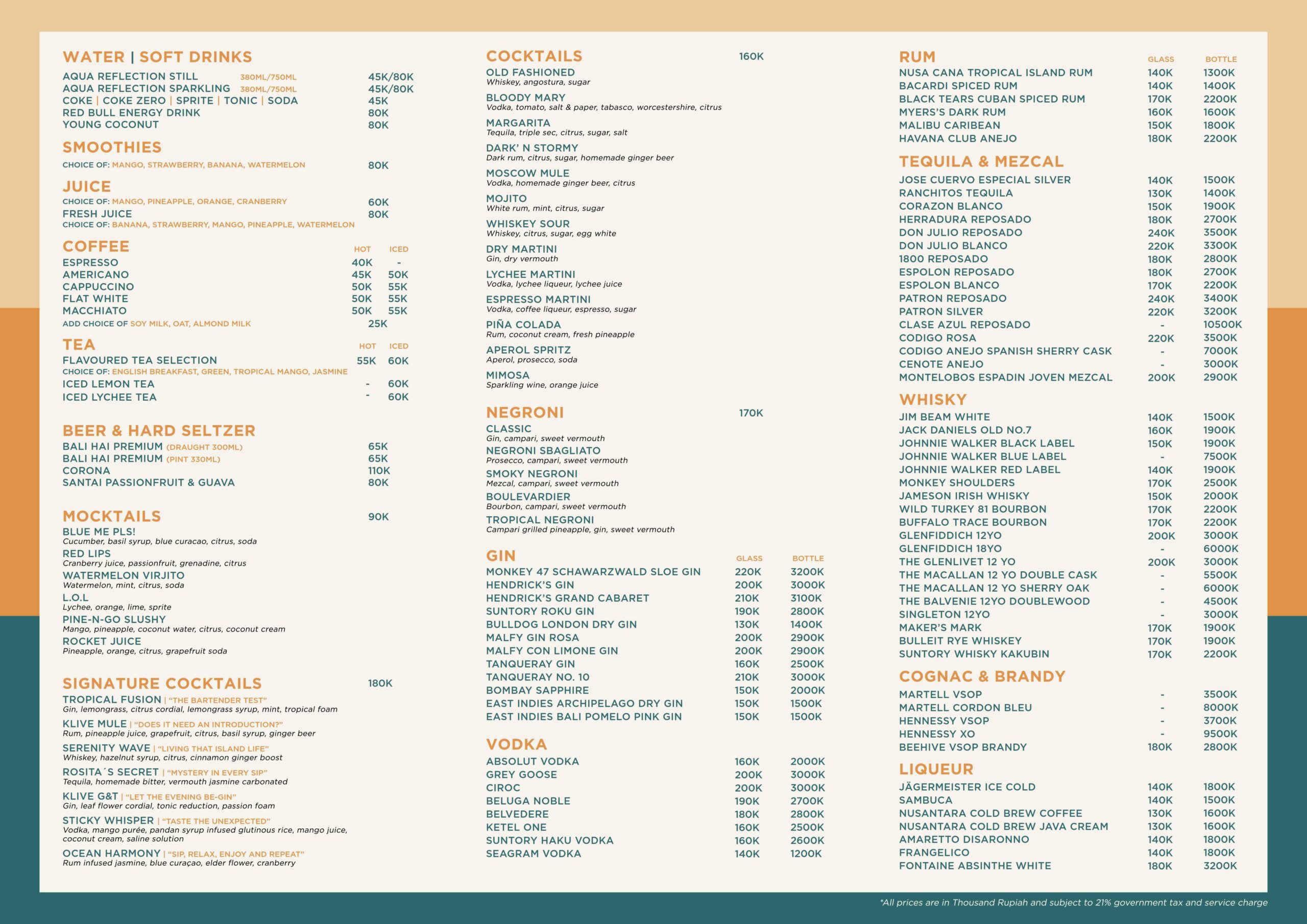 Klive Beach Club beverage menu