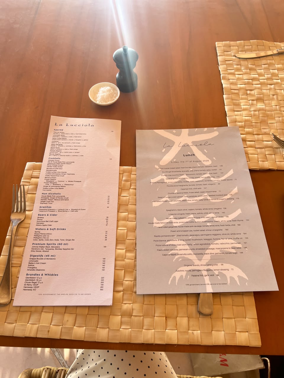 La Lucciola menu at the table