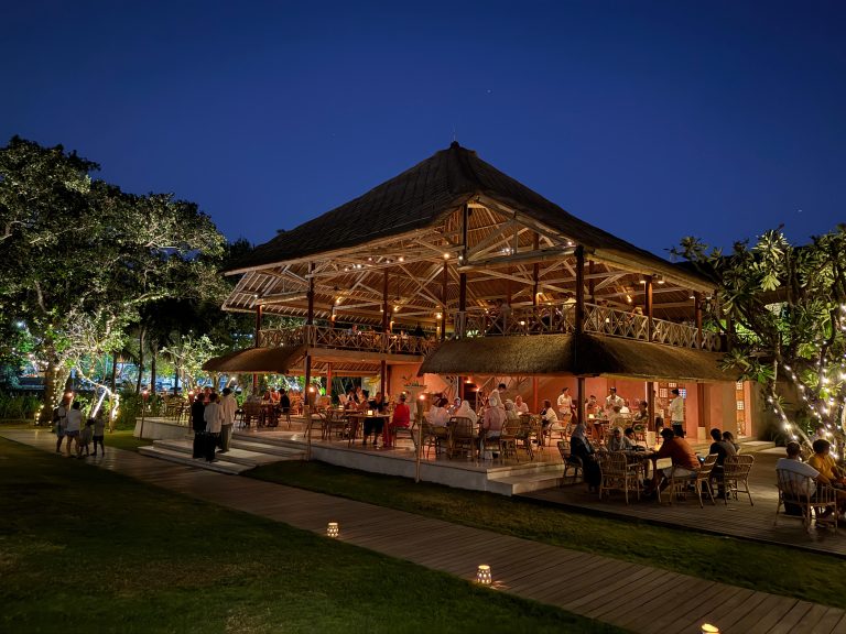 La Lucciola pavilion illuminated at night