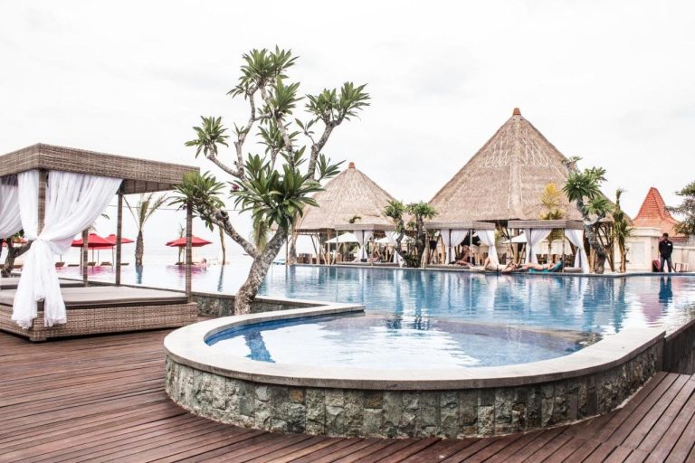 Maruti Beach Club pool and Balinese roof overview